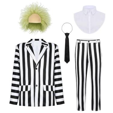 Imagem de POEWAUVE Fantasias masculinas assustadoras de Halloween para adultos, preto e branco, listrado com peruca, personagem de comédia de terror masculino, Blak/branco, M