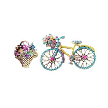 Imagem de Conjunto de broches femininos retrô de strass vintage estilo country conjunto de broche com bicicleta, chapéu, cesta, animal (filhote), guarda-chuva, câmera retrô, colorido, engraçado, acessórios de