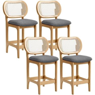 Imagem de Kit 4 Banquetas Baixa Bar Cozinha Sala De Jantar Betta L02 Mel Tela Linho Cinza Escuro - Lyam Decor