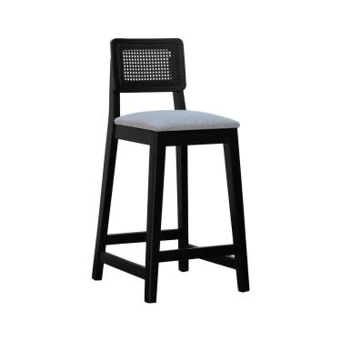 Imagem de Banqueta Gabi Madeira Maciça Encosto C- Telinha C- 68cm Altura - Preto Assento Estofado Linho Cinza Mescla Impermeável