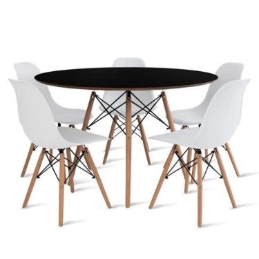 Imagem de Conjunto De Mesa De Jantar Eames Eiffel Redonda 100cm Tampo De Madeira Preto Com 5 Cadeiras Brancas