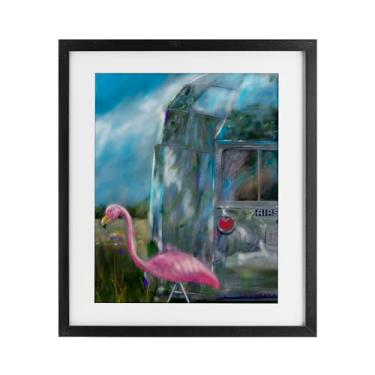 Imagem de Stupell Industries Impressão emoldurada Happy Camper Flamingo cinza sob vidro, design de Mary Sparrow, 40,6 x 33,5 cm