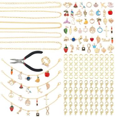 Imagem de LuneClat Kit de fabricação de pulseiras de corrente de ouro - 14 K, 5 correntes diferentes, 1 m, colar faça você mesmo, acessórios para fazer pulseiras com pingentes, anéis de salto, alicates de