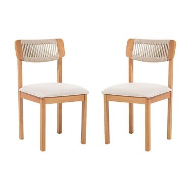 Imagem de Kit 2 Cadeiras com Encosto Corda Assento Estofado Florença Areia/Cru/Verniz Mel