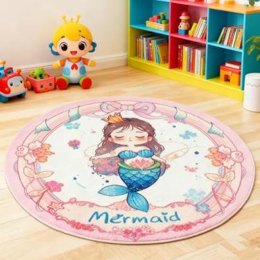 Imagem de Lacomfy Tapete infantil círculo rosa para quarto chique sereia tapete infantil para quarto de meninas tapete antiderrapante macio de desenho animado adequado para sala de estar, sala de jogos, 1,2 m
