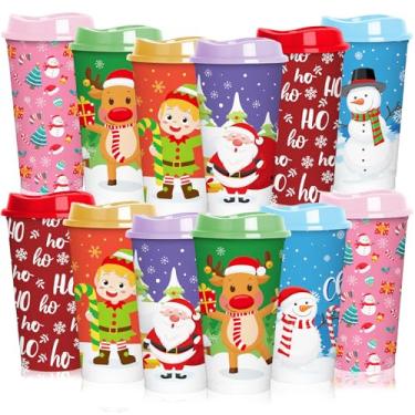 Imagem de Jansun 12 peças de copos quentes de Natal com tampas 473 ml Copos de café de plástico reutilizáveis para decorações de festa, copos de Natal de inverno para festas de aniversário, lembrancinhas