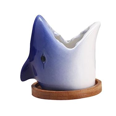 Imagem de Big Mouth Shark Planter Cactus Pot Fish Pot Small Succulent Planters Succulents Animal Planter Plant Cartoon Cactus Cute Clay Ceramics(Blue)
