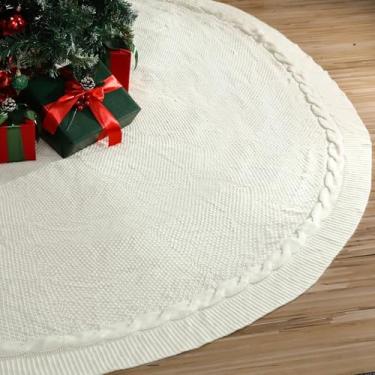 Imagem de Saia de árvore tricotada de Natal de 213 cm gigante branca grossa para árvore de Natal extragrande tricotado com cabo grosso rústico ornamentos de Natal para casa, decoração de festa de inverno