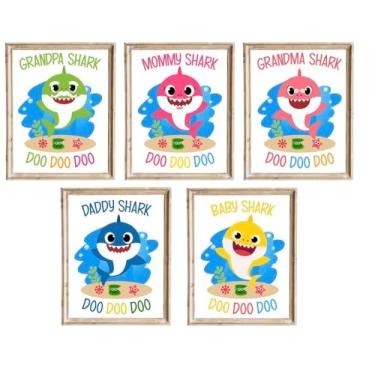 Imagem de SanArt Baby Shark Art Prints, conjunto de 5, pôster de parede de berçário, orientação de paisagem, 20 x 25 cm, para quarto, sala de jogos infantil