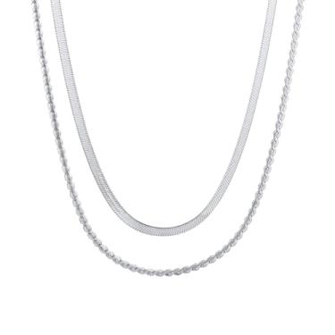 Imagem de Gargantilha feminina de prata em camadas de aço inoxidável, corrente dupla, hipoalergênica, moderna, ajustável, 35 a 40 cm, presente para ela