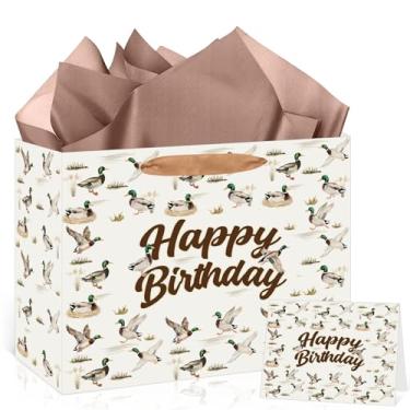 Imagem de Bolsa de presente de feliz aniversário para meninos meninas marrom pato-real sacos de presente com alça papel de lenço cartão de felicitações pato pato caça saco de embrulho para crianças decorações