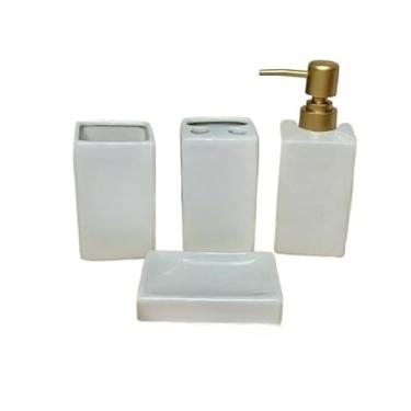 Imagem de Kit 4 Peças para Banheiro de cerâmica - saboneteira, porta-sabonete líquido, escova e xícara(Kit 4 Branco/CF-065)