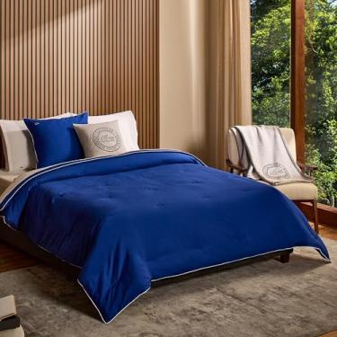 Imagem de Lacoste Conjunto de edredom tiebreak – 100% algodão percal, tecido otomano canelado, acabamento dublê texturizado, aquecimento alternativo para todas as estações, certificado Oeko-Tex, azul surf
