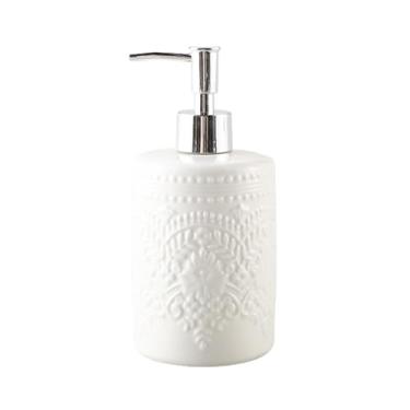 Imagem de Dispensador de sabão Branco relevo floral videira cerâmica bancada dispensador de sabão líquido garrafa com bomba banheiro recarregável 550ml