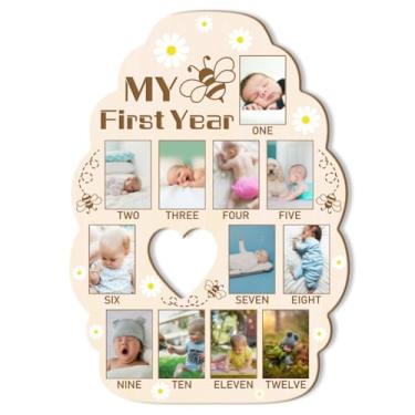 Imagem de ORIGACH Quadro de exibição de fotos Honeycomb Shape My First Year Baby Growth, quadro de lembrança de madeira para recém-nascidos de 12 meses para decoração de primeiro aniversário e berçário, estampa