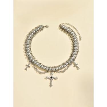 Imagem de Conjunto de colar gargantilha curta em camadas multiestilo para mulheres - corrente de clavícula individual - pérola/corrente/pingente multicamadas - nota musical ou opção de cruz, One Size, Metal