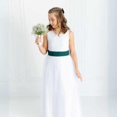 Imagem de Vestido Longo Branco Faixa Verde musgo Infantil com Saia Tule Branco f