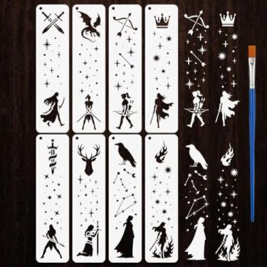 Imagem de FINGERINSPIRE 8 estilos de estênceis com estampa de rainha guerreira com um pincel, 30 x 8 cm, espada, arco, flecha, corvo, chama, pintura, estêncil, modelo de tema de fantasia para pintura em tecido