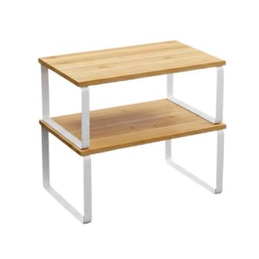 Imagem de Prateleira Organizadora Bambu e Ferro Branco Empilhável Nicho Multiuso para Cozinha, Despensa e Canto Mesa Canto Minimalista Suporte Resistente