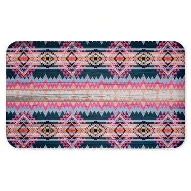 Imagem de Tapete antifadiga geométrico boho rosa e azul, tapete ergonômico acolchoado para cozinha e pé com suporte antiderrapante, tapete confortável ecológico, design por Jennifer Ellory, 76 x 45 cm