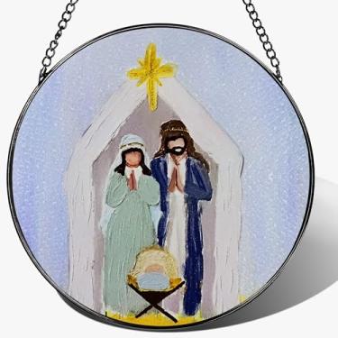 Imagem de LAOWEIKI Vitral de 20 cm para pendurar, enfeite de presépio, enfeite de Natal de nascimento de Jesus, decoração de família sagrada, decoração de férias cristãs, presente cristão, presente religioso