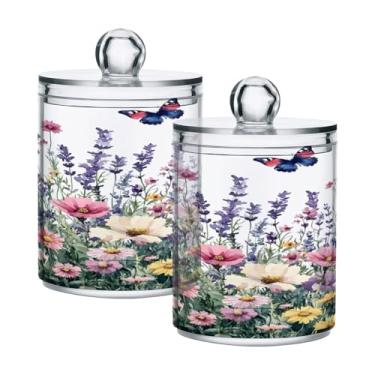 Imagem de Qilmy Qtip Suporte de 400 ml, Spring Wildflowers Frasco de armazenamento de boticário de plástico transparente com tampa, dispensador de recipiente de banheiro para bola de algodão, cotonete, fio