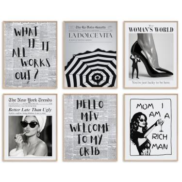Imagem de uniro Impressões de arte de parede de jornal na moda, pôsteres de jornal vintage preto e branco com citação positiva imagens estéticas, decoração retrô de dormitório feminino, decoração de parede de