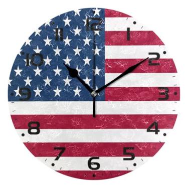 Imagem de JUZIHAI Relógio de parede com bandeira americana, silencioso, redondo, sem tique-taque, operado por bateria, fácil de ler, relógio decorativo de parede para casa, cozinha, sala de estar, quarto