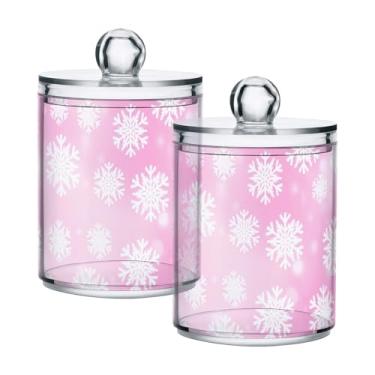 Imagem de Qilmy Suporte Qtip Pink Snowflakes, pacote com 2, frascos de boticário de 400 ml, vasilha organizadora de banheiro para cotonetes, bolas de algodão, almofadas de maquiagem, fio dental, sais de banho