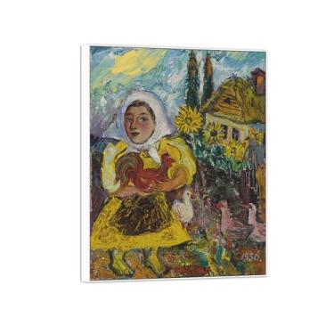 Imagem de David Burliuk Famosas impressões em tela de arte de parede prontas para pendurar. Menina com galo. Pintura com moldura branca para decoração de sala de estar 70 x 90 cm 27 x 35 pol