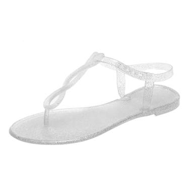 Imagem de OMGard Sandálias femininas tipo tanga chinelo de gelatina ajustável tira em T Jellies Sapatilhas transparentes, chinelos de verão na praia, secagem rápida, macio, sem cadarço, Prata, 36