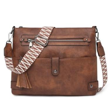 Imagem de Mfinesun Bolsas transversais grandes para mulheres, bolsa de ombro casual de couro com vários bolsos com borla e alça ajustável, Marrom, Medium
