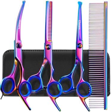 Imagem de Gimars Kit de tesouras profissionais de cuidados para cães 4CR com ponta redonda de segurança, tesouras 5 em 1 revestidas de titânio resistentes para desbaste, curvas e retas