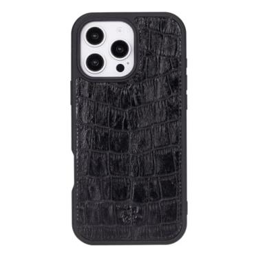 Imagem de Venito Capa de couro Lucca Handcraft compatível com iPhone 16 Pro Max Magsafe, design premium de crocodilo, capa de telefone slim fit, proteção contra quedas/impacto, couro crocodilo preto de 17,5 cm