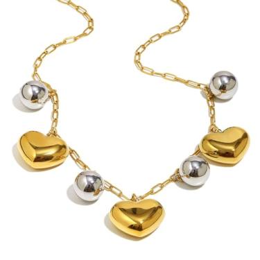 Imagem de Colar gargantilha feminina com pingente de coração grosso banhado a ouro 18 quilates de aço inoxidável com contas redondas com pingente de coração de amor leve joia moderna ajustável corrente de clipe