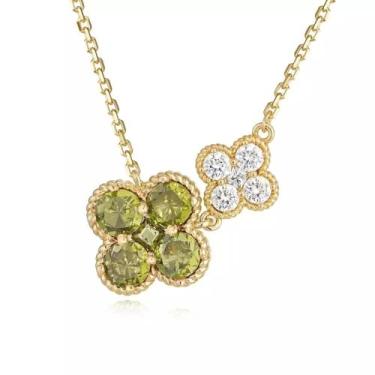 Imagem de Liiusgelad Colar de ouro feminino, pedra do mês de nascimento de zircônia e pulseira com pingente de trevo de quatro folhas, pingente de flor dourada delicada, trevo rosa/turquesa, presente para dama