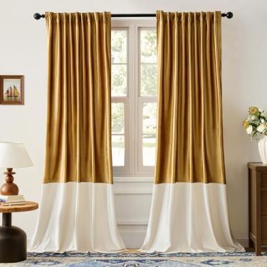Imagem de Cortinas de veludo para sala de estar dourado creme marfim 259 cm de comprimento, 2 painéis, cortinas blackout modernas com bloco de cores, bolso traseiro para varão, cortinas à prova de som, para