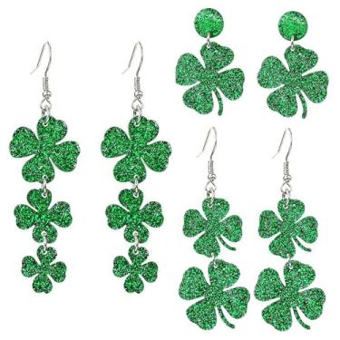Imagem de 3 pares de brincos de trevo de acrílico verde para o dia de São Patrício, trevo irlandês, acessórios de férias, Acrílico, Sem pedra preciosa