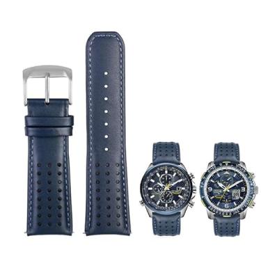 Imagem de KKFAUS 22mm 23mm cor azul pulseira de couro genuíno pulseira masculina para cidadão at8020-54L/JY8078 com pulseira de fivela dobrável (cor: azul azul prata, tamanho: 23mm)