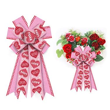 Imagem de Grandes laços de dia dos namorados para grinaldas, laços de coroa de dia dos namorados, laços de coração vermelho, arcos rosa com borda xadrez de búfalo vermelho para porta da frente, decoração de dia