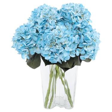 Imagem de Coferset 3 peças de flores artificiais de hortênsia azul 63 cm de toque real, grandes flores falsas de látex de hortênsia sintética com hastes dobráveis para decoração interna e externa, peças