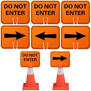 Imagem de Geetery 6 placas de seta de cone de trânsito 26,4 cm x 32 cm reversível laranja sinais de estrada cone fechado topo aviso de tráfego direcional esquerda direita setas sinal para construção ao ar livre