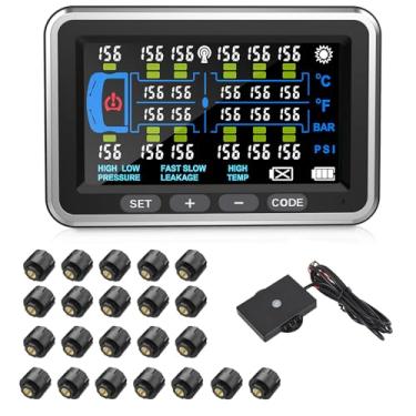 Imagem de Tyona Sistema de monitoramento de pressão de pneu para trailer/trailer com 22 sensores TP22 0-199PSI Tela colorida de 4,5 polegadas tpms para caminhões RV/Trailer 6 modos de alerta, adequado para