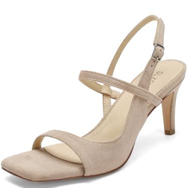 Imagem de SLXCHBSL Sandálias femininas de salto agulha quadradas, bico aberto, salto alto fino de 7,6 cm, tira no tornozelo, salto elegante para festa de casamento, formatura ou uso diário, Damasco, 36