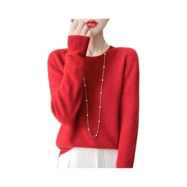 Imagem de Pulôver Feminino 100% Lã Merino Cashmere Gola Redonda Manga Longa Tric