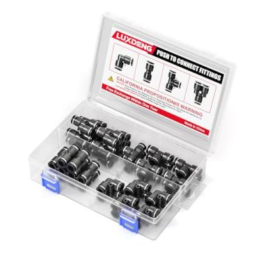 Imagem de luxdeng 1/10.2 cm OD Cotovelos pretos, T, retos e divisores empurrar para conectar acessórios de tubo conexão rápida conector pneumático de bloqueio de pressão de ar (pacote com 40)