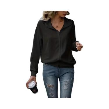 Imagem de Jaqueta Feminina De Tricô Com Zíper E Gola Lapela, Cor Sólida, Caiment