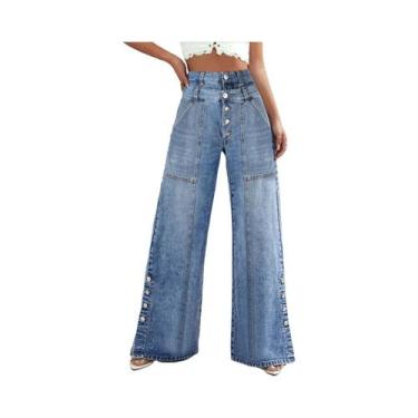 Imagem de Calças Jeans plus Size De Cintura Alta Com Botões E Pernas Largas Com 