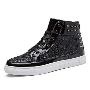 Imagem de IGxx Tênis masculino brilhante com glitter metálico spikes cano alto punk rebite brilhante, Espigões pretos, 42