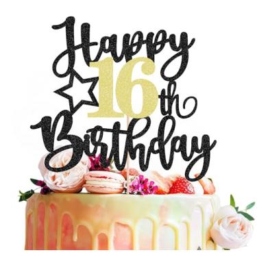 Imagem de MYAMPED Topo de bolo Happy 16th Birthday - Decoração de bolo de aniversário de 16 anos com glitter preto, Cheers to 16 Years Birthday Cake Pick 16 Fabulous Decor, Adereços de cabine de fotos